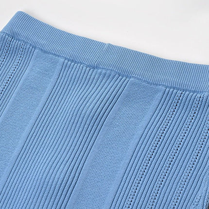 Blue high-waisted ribbed midi skirt with gold buttons