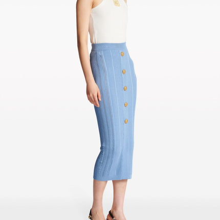 Blue high-waisted ribbed midi skirt with statement gold buttons