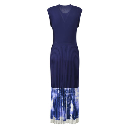 Blue knit button-up dress with pleats and tie-dye accents