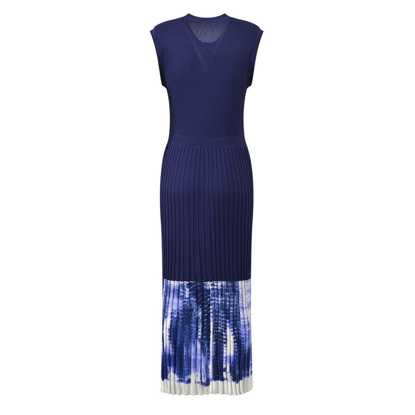 Blue knit button-up dress with pleats and tie-dye accents