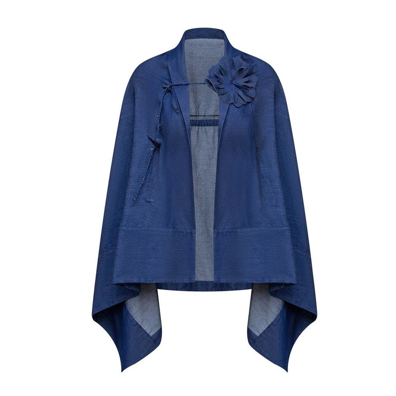 Blue linen blend cape blazer with handmade flower details shawl collar and kimono design