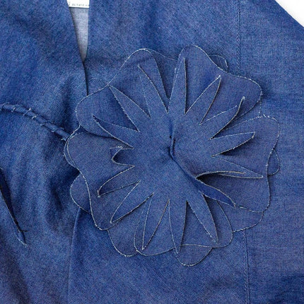 Blue linen blend cape blazer with handmade flower details shawl collar and loose-fit kimono design perfect for summer outfits versatile and stylish