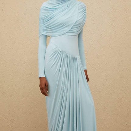 Blue Long Sleeve Mesh Shawl Dress with Pleated and Draped Detailing