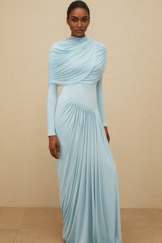 Blue Long Sleeve Mesh Shawl Dress with Pleated and Draped Detailing