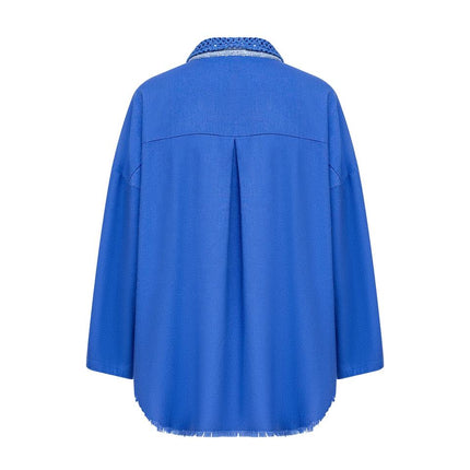 Blue luxury designer blouse with full sleeves, turn-down collar, and drop-shoulder design for women