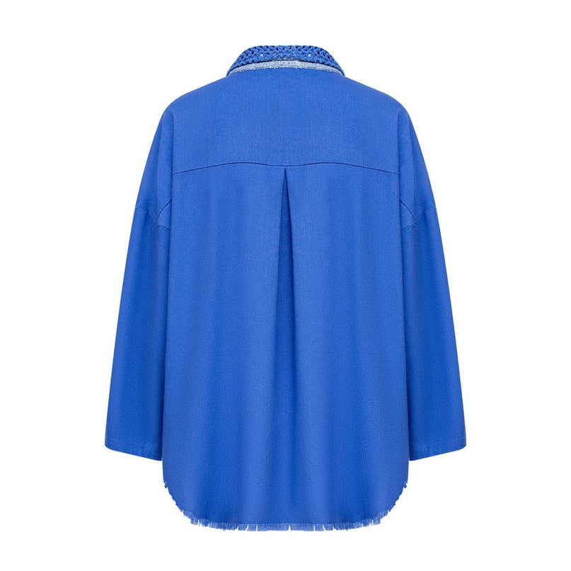 Blue luxury designer blouse with full sleeves, turn-down collar, and drop-shoulder design for women