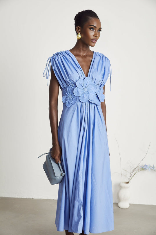 Blue maxi dress with floral petal detail and drawstring called Emma