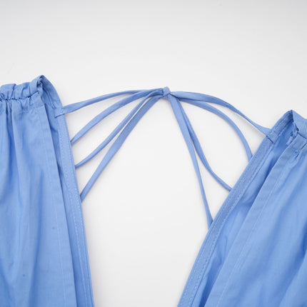 Blue maxi dress with floral petal detail and drawstring named Emma