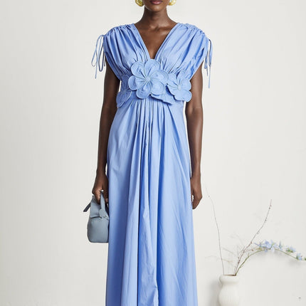 Blue maxi dress with petal detail and drawstring named Emma
