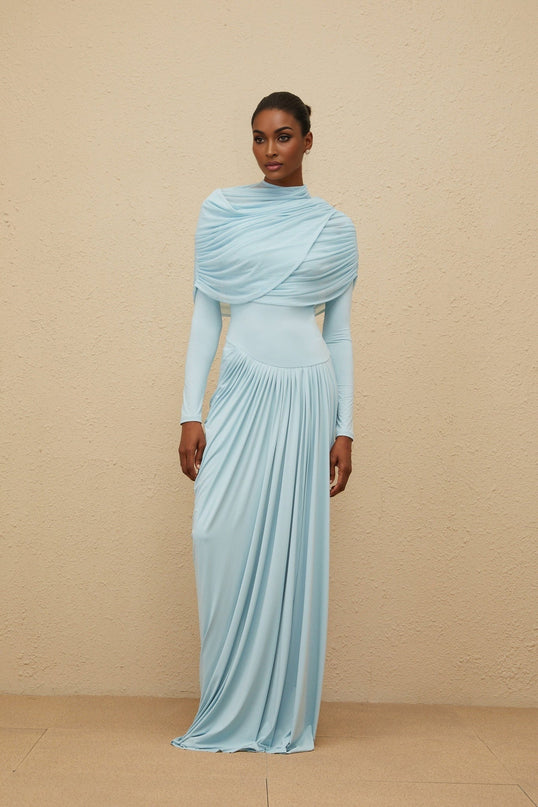 Blue Mesh Shawl Asymmetrical Dress with Pleated and Draped Detailing