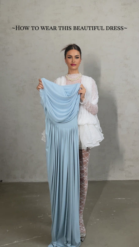 Blue Mesh Shawl Pleated Asymmetrical Dress