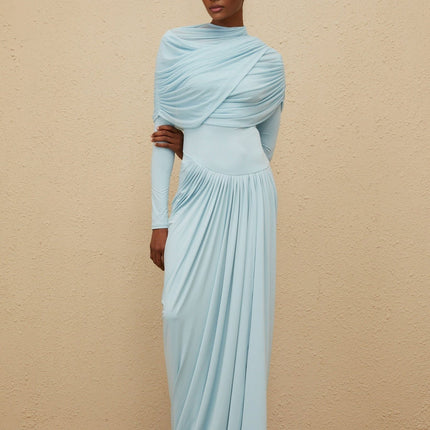 Blue mesh shawl with pleated and draped detailing in floor length