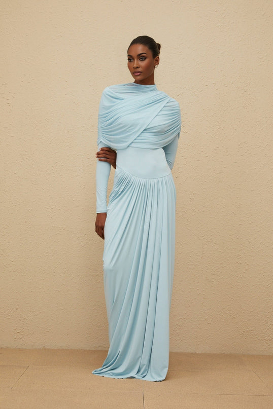 Blue mesh shawl with pleated and draped detailing in floor length