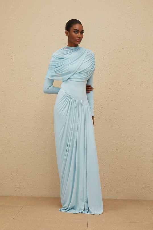 Blue mesh shawl with pleated and draped detailing in floor length