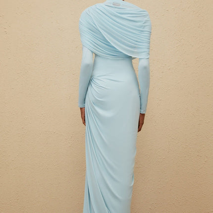 Blue mesh shawl with pleated and draped detailing