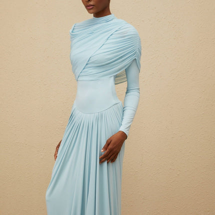 Blue Mesh Shawl Pleated Long Sleeve Dress