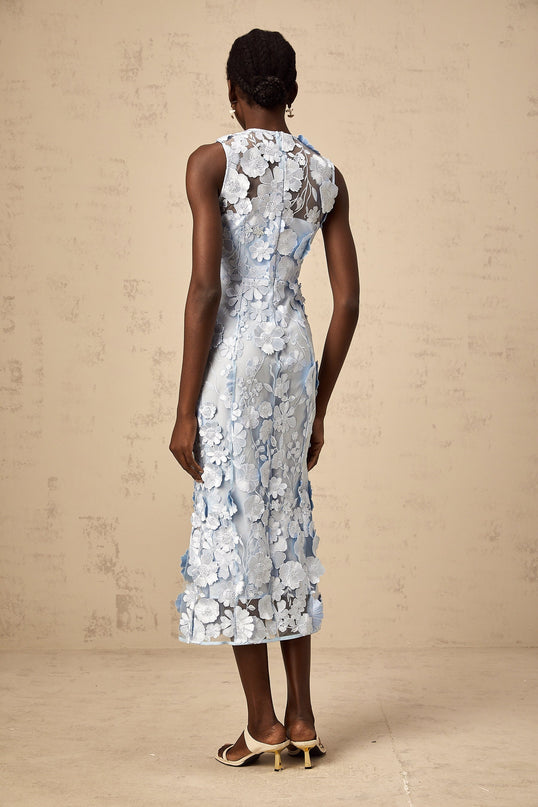 Blue midi dress with floral applique details by Herta