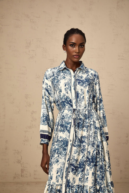 Blue midi dress with graphic print pattern called Adelaide