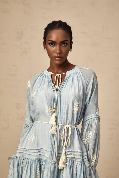 Blue mini dress with floral embroidery detailing