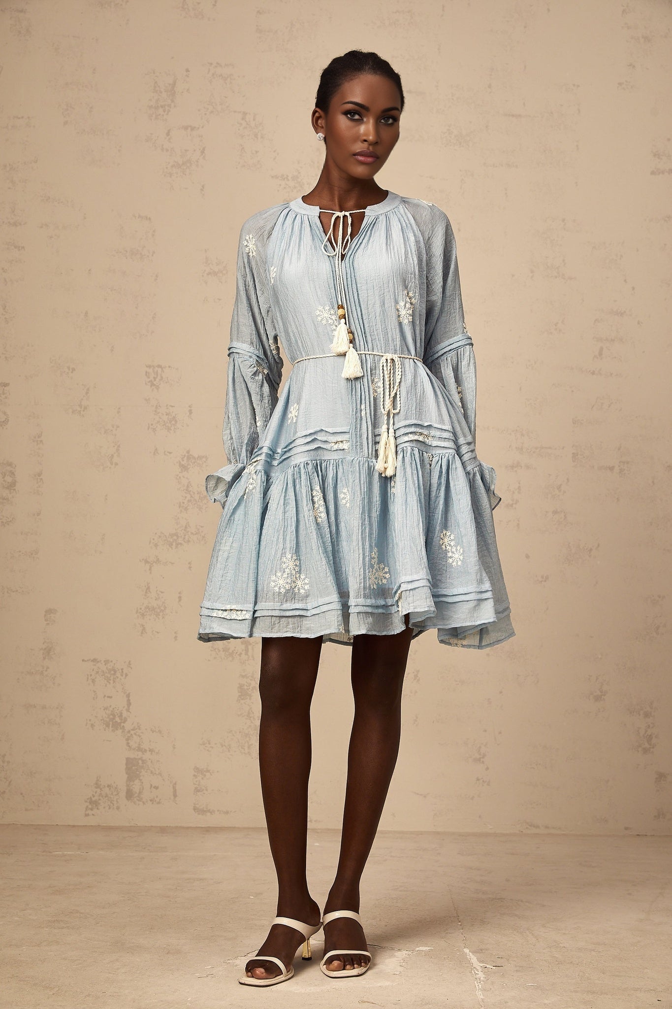 Blue mini dress with floral embroidery details