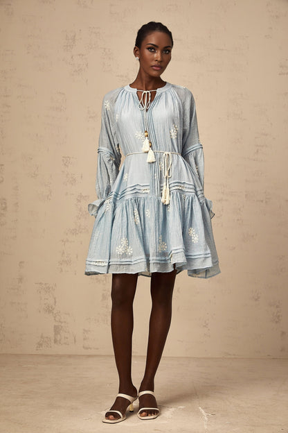 Blue mini dress with floral embroidery details