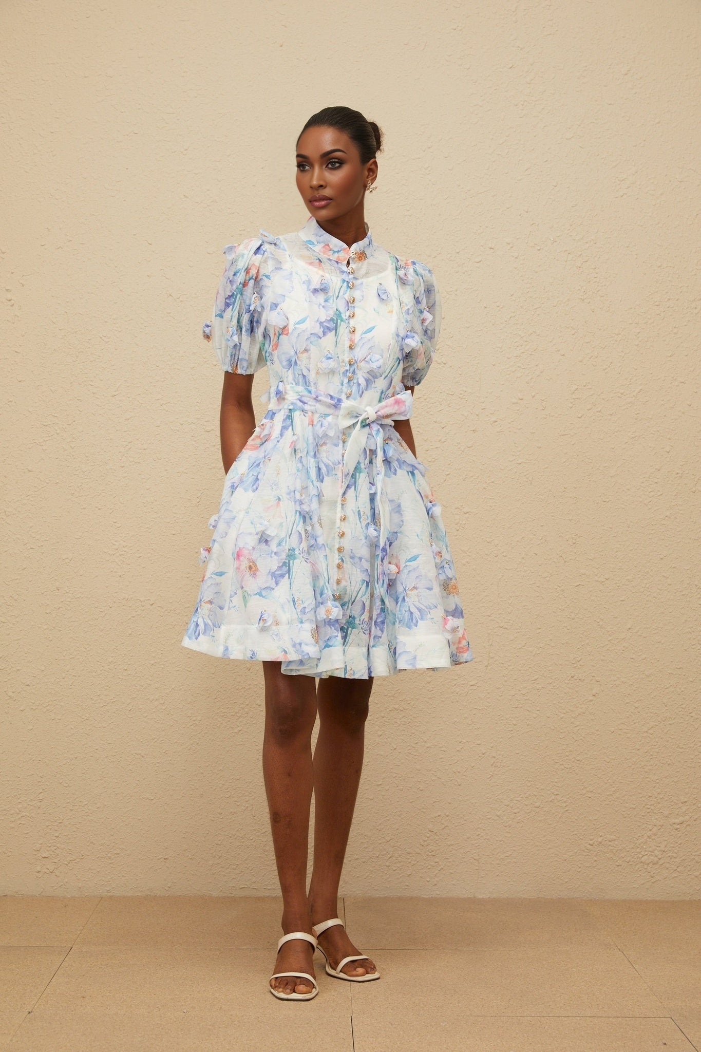 Blue and Multicolor Floral Print Mini Dress with Puff Sleeves and Tied Waist