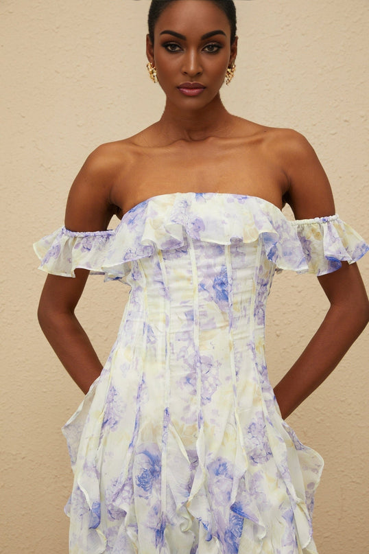 Blue Multicolor Floral Print Off the Shoulder Maxi Dress with Ruffled Detailing