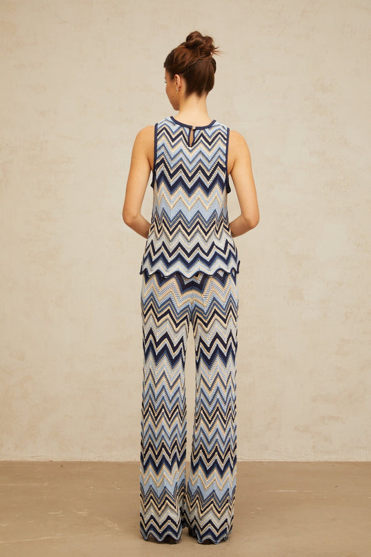 Blue and Multicolor Sleeveless Pointelle Knit Top and Trousers Set with Metallic Threading and Scallop Hem