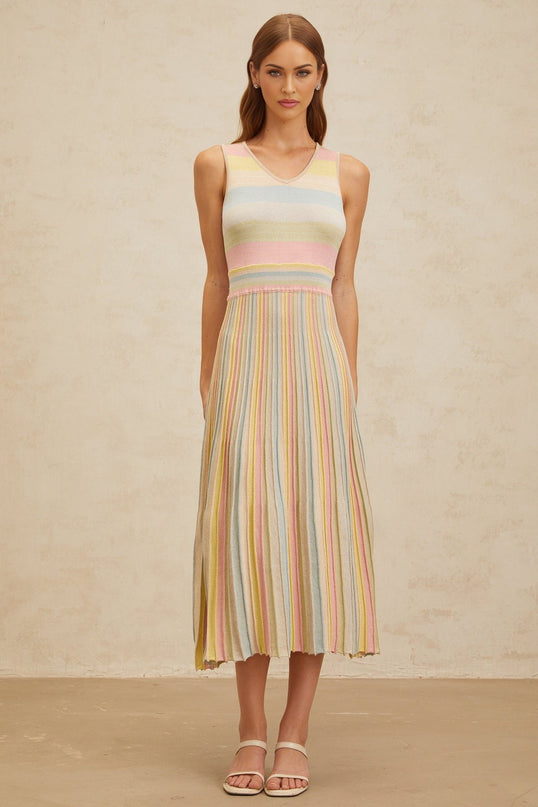 Blue and Multicolor Sleeveless Knitted Dress with Pleated Detailing and Stripe Pattern