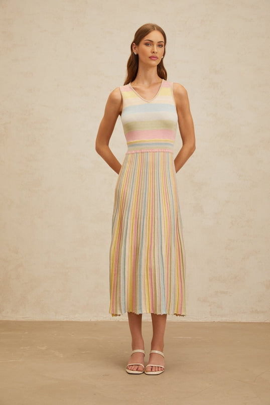 Blue and Multicolor Sleeveless Knitted Dress with Stripe Pattern