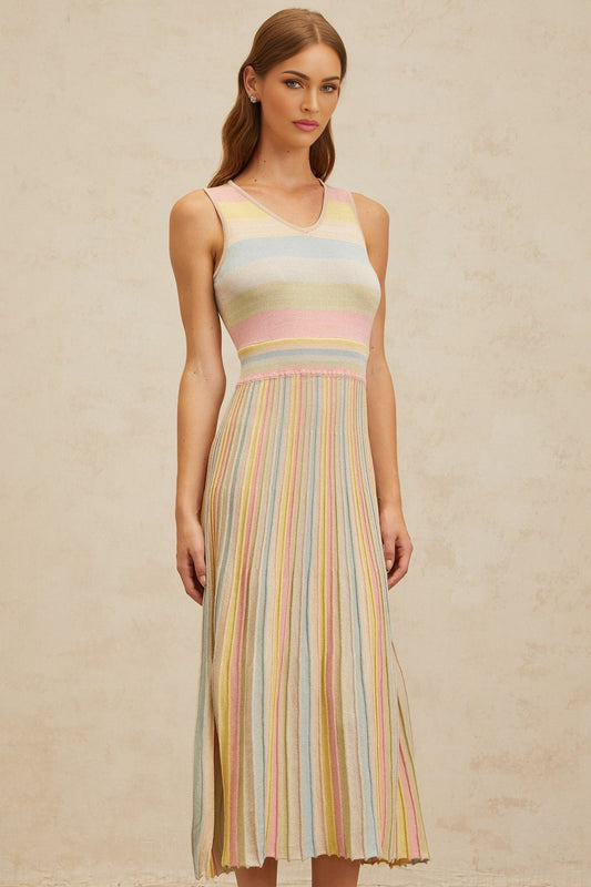 Blue and Multicolor Sleeveless Knitted Midi Dress with Stripe Pattern