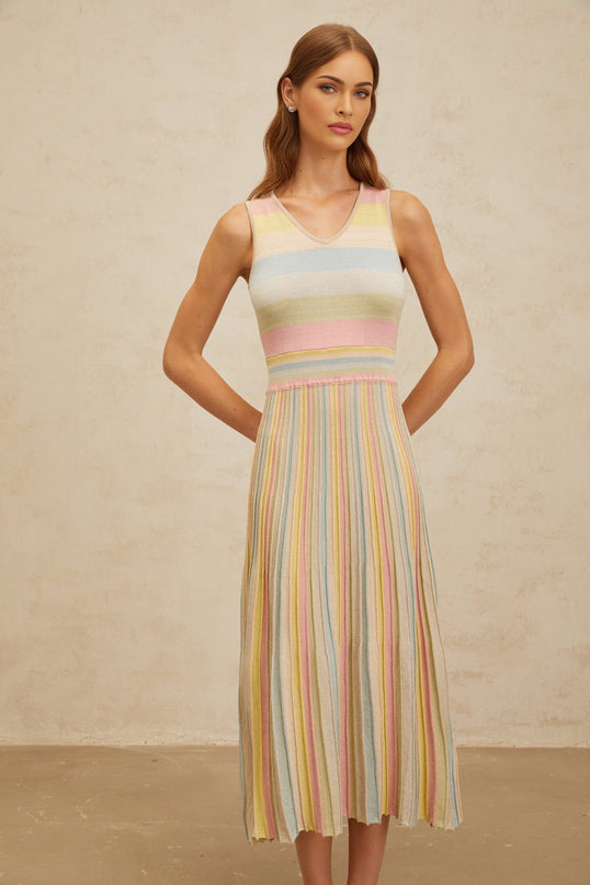 Blue and Multicolor Sleeveless Knitted V-Neck Dress with Fitted Waistline and Pleated Detailing