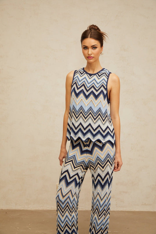 Blue and multicolor sleeveless top and trousers set with metallic threading and scallop hem