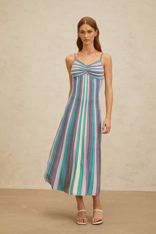 Blue and Multicolor Striped Knitted Midi Dress with Metallic Threading and Pleated Detailing