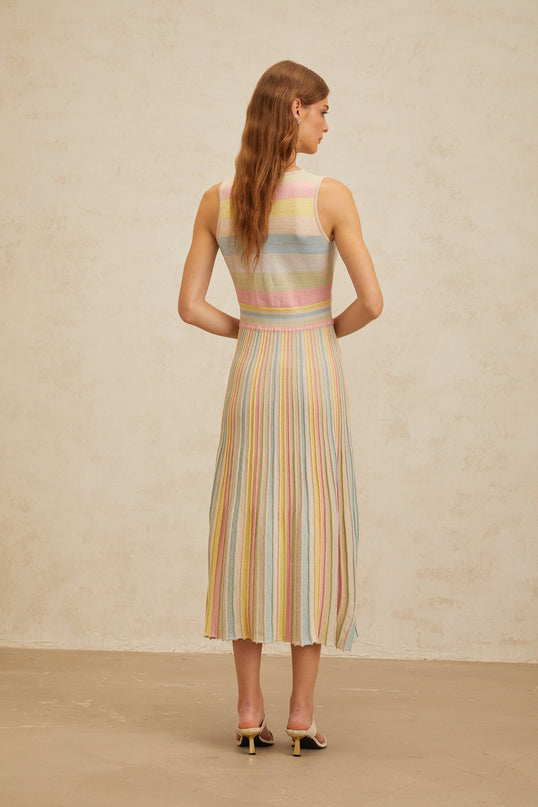 Blue and Multicolor Striped Sleeveless Knitted Midi Dress with V-neck and Fitted Waistline
