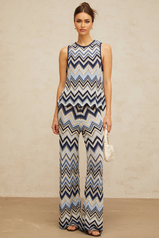 Blue and Multicolor Zigzag Pointelle Knit Sleeveless Top and Trousers Set with Metallic Threading and Scallop Hem