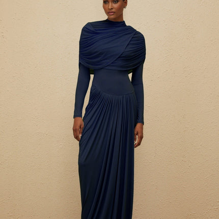 Blue Navy Mesh Shawl Pleated Asymmetrical Draped Floor Length Dress