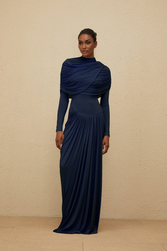 Blue Navy Mesh Shawl Pleated Asymmetrical Draped Floor Length Dress