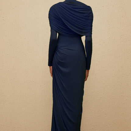 Blue Navy Mesh Shawl Pleated Asymmetrical Draped Floor Length Dress