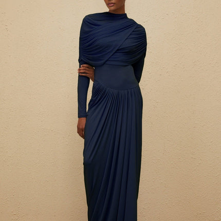 Blue Navy Mesh Shawl Pleated Asymmetrical Long Sleeve Dress