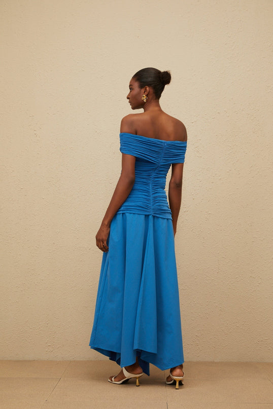 Blue off the shoulder maxi dress with cinched waist and ruched detailing
