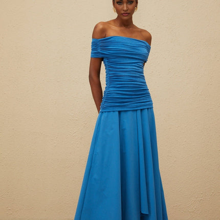Blue off the shoulder maxi dress with cinched waist and ruched detailing