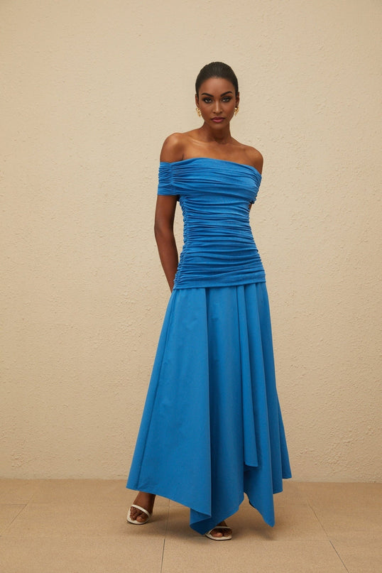 Blue off the shoulder maxi dress with cinched waist and ruched detailing