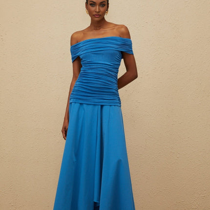 Blue off the shoulder maxi dress with cinched waist and ruched detailing