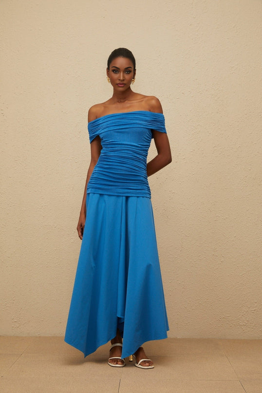 Blue off the shoulder maxi dress with cinched waist and ruched detailing
