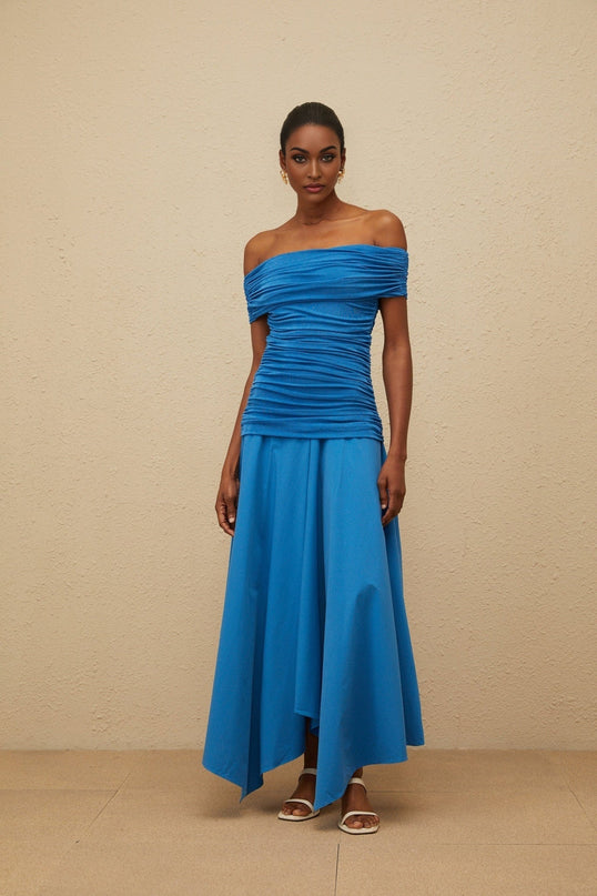 Blue off the shoulder maxi dress with cinched waist and ruched detailing