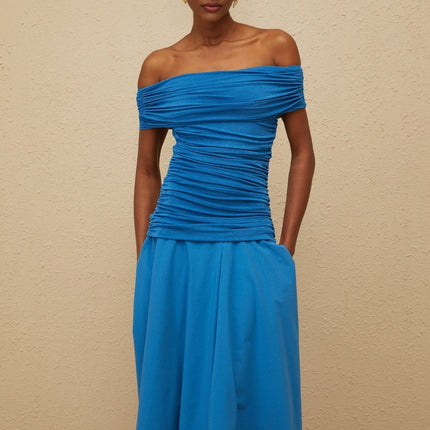 Blue off the shoulder maxi dress with cinched waist and ruched detailing
