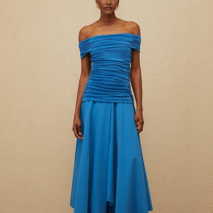 Blue off the shoulder maxi dress with cinched waist and ruched detailing