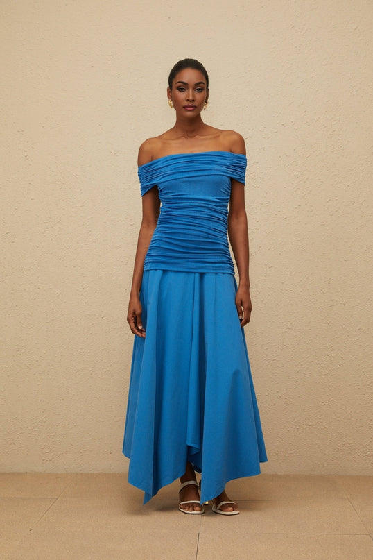 Blue off the shoulder maxi dress with cinched waist and ruched detailing