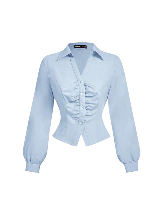Blue Crop Top Pleated Front Long Sleeve Fitted Ladies Blouse Business Casual Women 90s